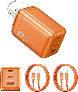 67W Fast Charger,3 Port GaN Compact Foldable Plug PD Fast Charger USB C Wall Plug with 5Ft 2 Cables for iPhone 17/16/15 Series, iPad Air, MacBook Air, ThinkPad, Dell XPS (Orange)