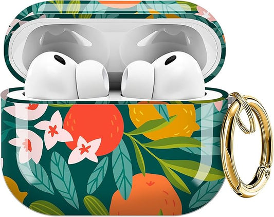 Case for AirPod Pro 3 Shock-Proof Protective Hard Case with Golden Keychain Compatible with Apple Airpods Pro 3rd Generation 2025 (Cute Floral Orange)