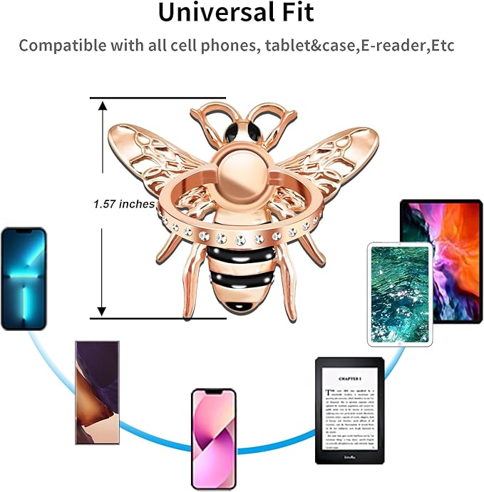 TACOMEGE Bee Cell Phone Ring Holder gift for girls women, Crystal Finger Ring Kickstand Compatible with Smartphone, Tablet, E-reader (Rose Gold)