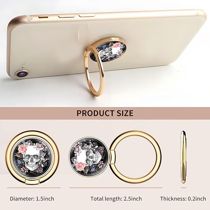 Cell Phone Ring Holder, Cute Metal Phone Grip Stand Finger Ring Kickstand, Flexible 360°Rotation Phone Tablet Case Accessories Compatible with Most Phones Cool Flower Skulls