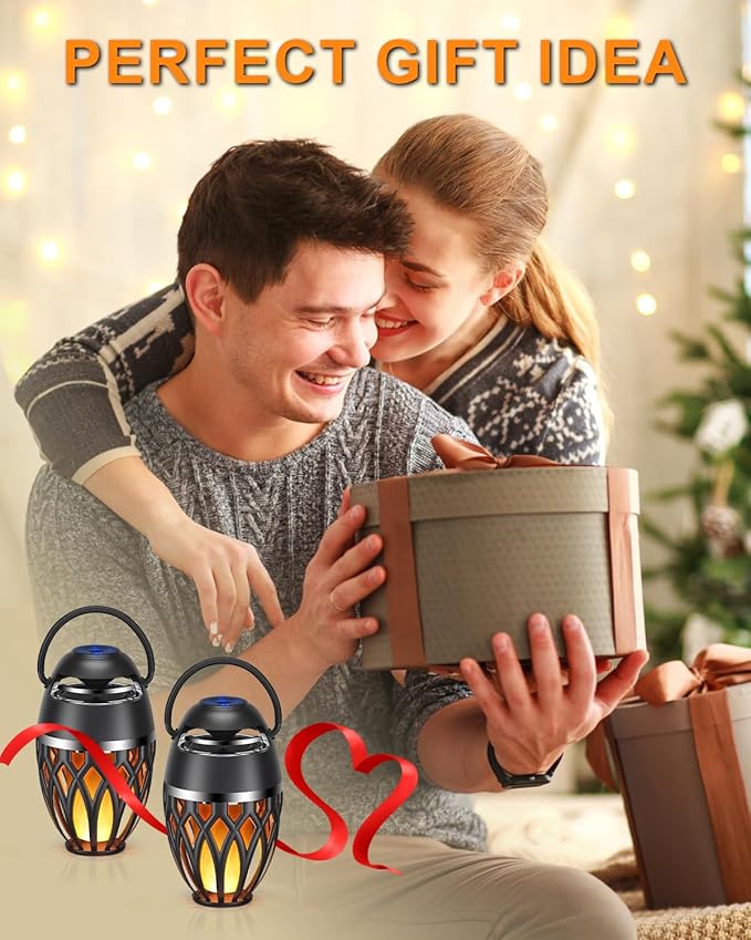 2 Pack Outdoor Bluetooth Speakers,Wireless Speaker with LED Flame Speaker BT 5.0,IP5X Waterproof Torch Lantern for Patio Pool Party,Valentines Day Gifts for Men