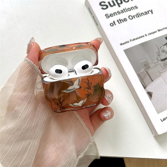Compatible with AirPods 3 Case Soft with Cleaner Kit Keychain Cute Lucky Elegant Crane Girls Women Cover for Airpods 3rd Generation -Brown