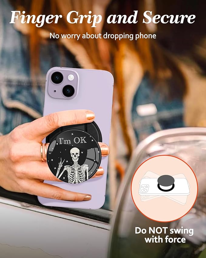 Kidcube Magnetic Phone Grip Compatible with Magsafe - Cell Phone Grip Stand Ring Holder Magnet Kickstand Removable Accessories for iPhone 16 Pro Max/16/15/14/13/12 Series Women Cute Funny Skull
