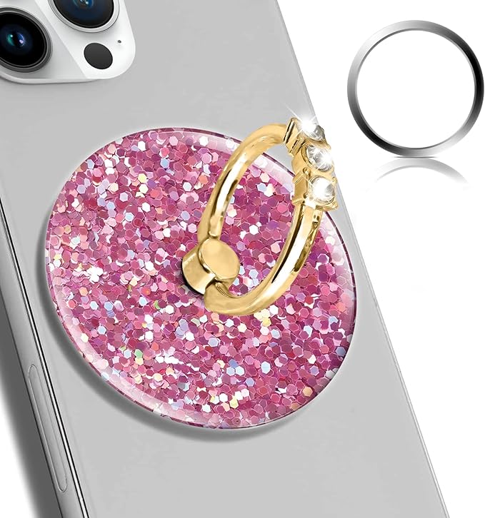 Magnetic Phone Ring Holder Compatible with MagSafe, Cute Phone Grip Stand with 360° Rotation Gold Glitter Finger Ring Kickstand Accessories for Most Phones Glitter Pink Pattern