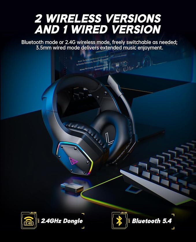 EKSA 2.4GHz Wireless Gaming Headset for PS5,PS4,PC,Switch,Mobile,Mac, Bluetooth Gaming Headphones with ENC Microphone, RGB, 20ms Latency, 120H Battery, 7.1 Surround Sound Headset, 3.5mm Audio Cable