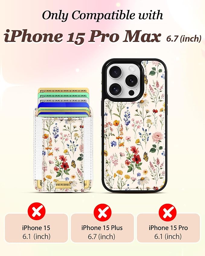 Shorogyt for iPhone 15 Pro Max Case Wallet - Fits 5 Cards, Compatible with Magsafe Detachable Magnetic Credit Card Holder Leather Cardholder Cute Phone Cover Women Girls for Apple 15 ProMax, Floral