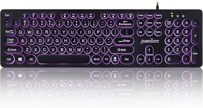 Perixx PERIBOARD-317R Wired Backlit USB Keyboard - Big Print Letter - Tri-Color Illuminated LED - Stylish Round Keycaps - US English
