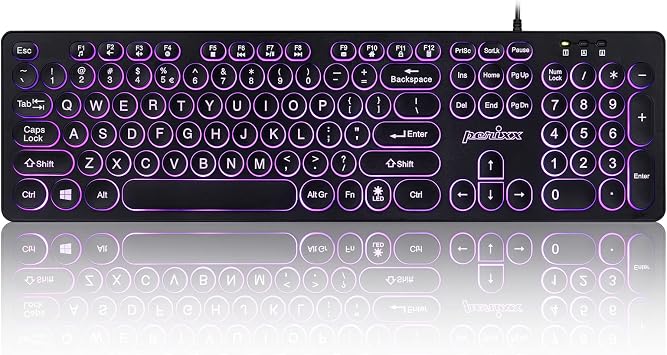 Perixx PERIBOARD-317R Wired Backlit USB Keyboard - Big Print Letter - Tri-Color Illuminated LED - Stylish Round Keycaps - US English