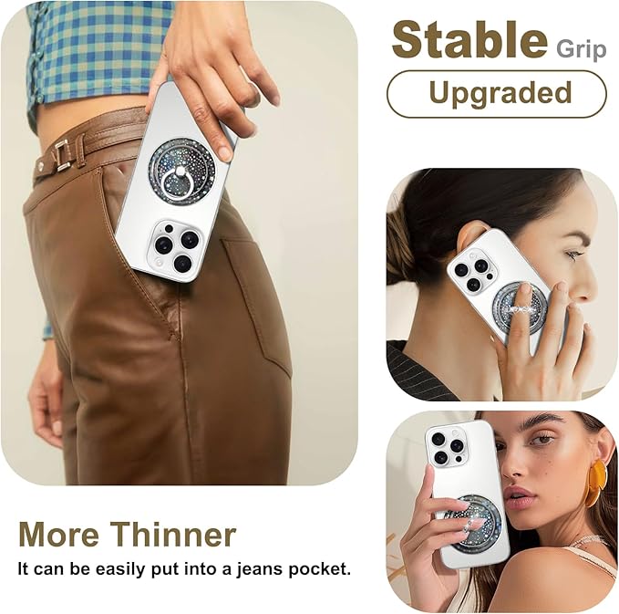 Transparent Magnetic Phone Grip Compatible with MagSafe Phone Ring Holder,360°Adjustable & Removable Silver Star Diamond Laser Design Magnet Stand for Phones and Tablets