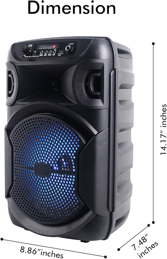 Technical Pro 8 Inch Portable 800 watts Bluetooth Speaker with Woofer & Tweeter, Festival PA LED Speaker with Bluetooth/USB Card, True Wireless Stereo, 30 Feet BT Range
