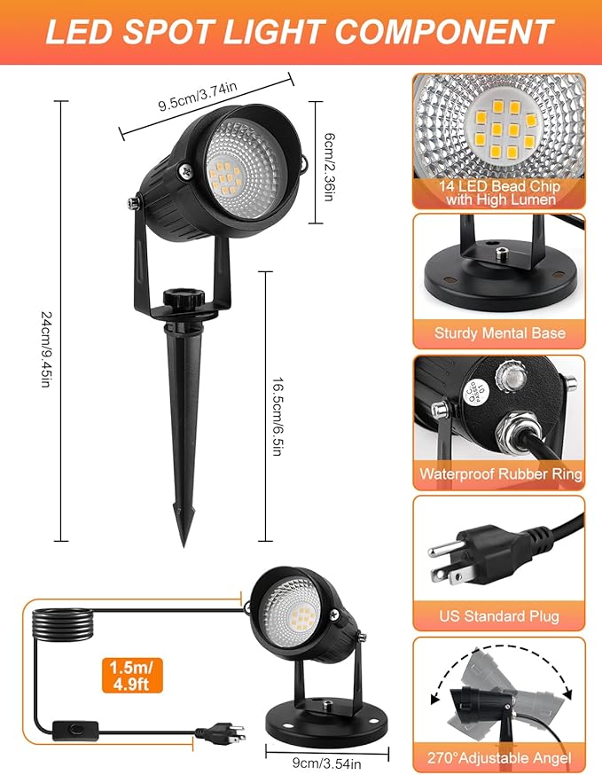 Dusk to Dawn Outdoor LED Spotlight, Outdoor Landscape Lighting with Photocell Sensor, 3000K Warm White Waterproof Spot Lights for Yard Flag Pole House Garden Tree(4 Pack)