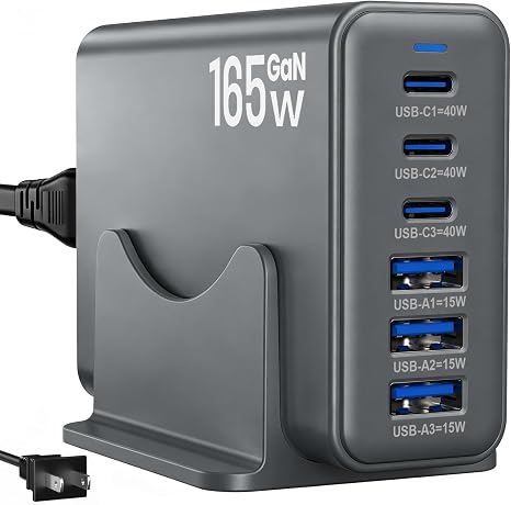165W Charging Station, 6 Port Desktop Charger, 3 Ports 40W Grey