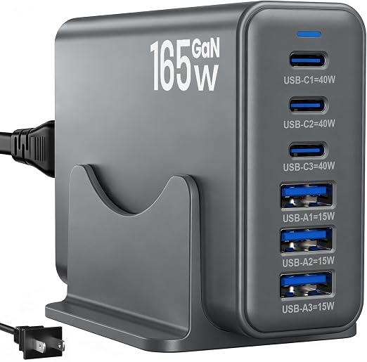 165W Charging Station, 6 Port Desktop Charger, 3 Ports 40W Grey
