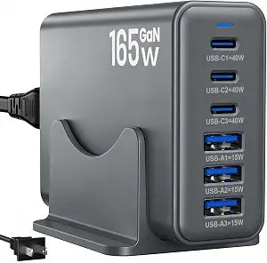 165W Charging Station, 6 Port Desktop Charger, 3 Ports 40W Grey