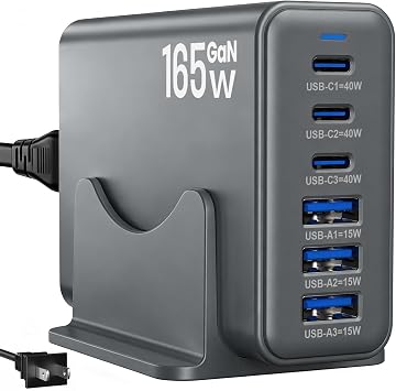 165W Charging Station, 6 Port Desktop Charger, 3 Ports 40W Grey