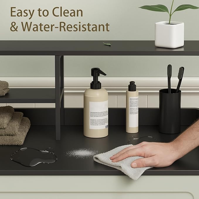 Washer and Dryer Countertop with Shelf, 2-Tier 54" x 27.5" Wood Laundry Countertop, Washer Dryer Topper with High Edge Rails and Hooks, Non-Slip Pads, Waterproof & Heat Resistant Top (Black)