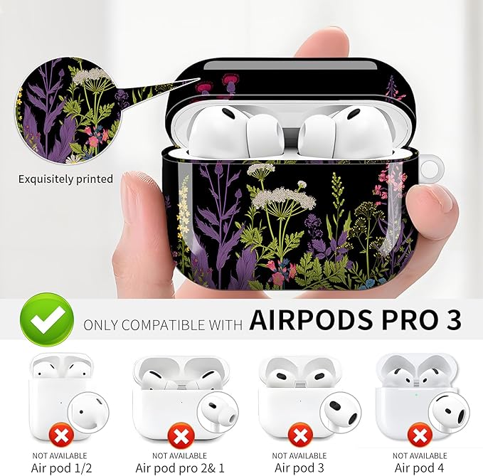 Compatible with AirPod Pro 3 (2025),Cute Case Cover for Women & Men, Full Protection Shockproof Hard Case with Keychain, Wireless Charging Case Accessories(Herb Wild Flowers)