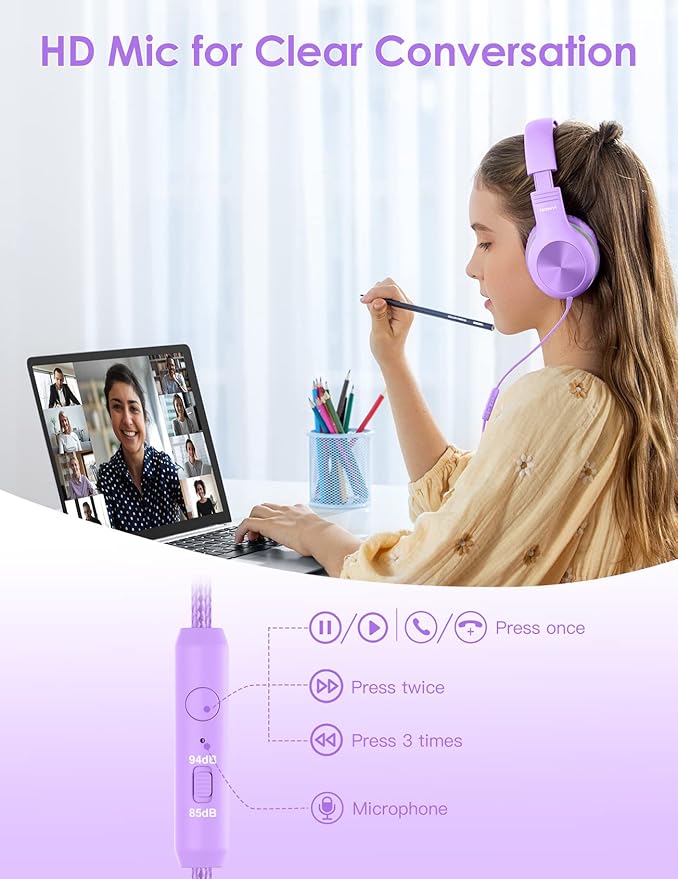 Headphones for Kids for School, Kids Headphones with Microphone, Sharing Function, 85dB/94dB Safe Volume Limit, HD Sound, Over Ear Kid Headphone for School, On-line Study, Travel, Violet