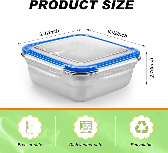 4 Pack Stainless Steel Sandwich Containers with Lids 25.4 oz Metal Food Container for Lunch Boxes with Airtight Silicone Seal for Sandwiches and Snacks(Blue)