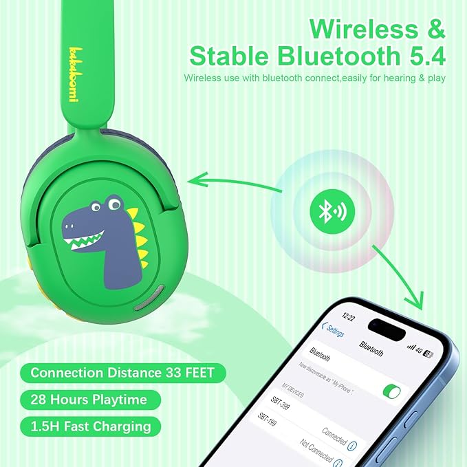 Bluetooth Kids Headphones, Wireless Headphones for Kid with Mic, 75/85/94dB Volume Limited, Includes 3.5mm Aux Cord, Foldable Dinosaur Teens Headset for School, Home, Travel, Tablet