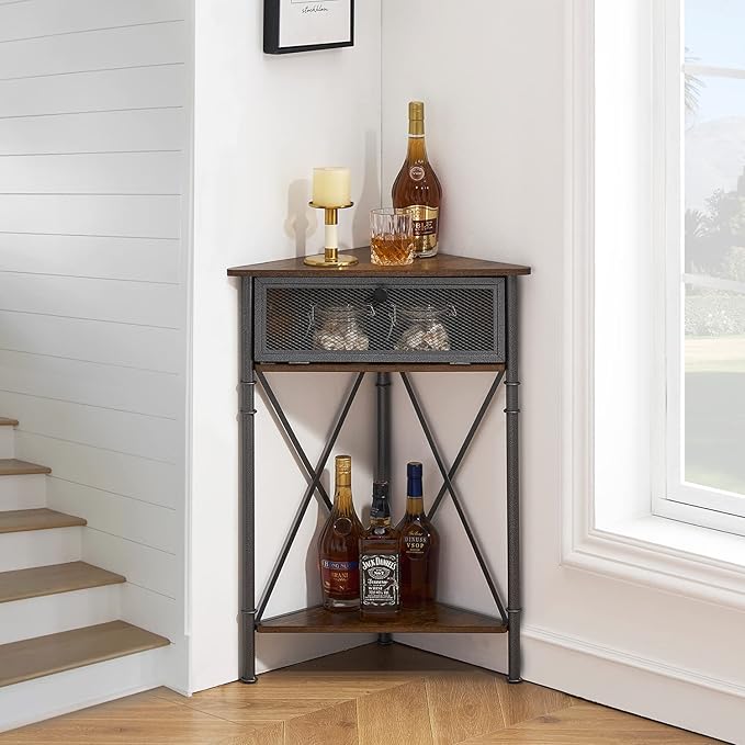 VECELO 3 tier Corner Table/Cabinet with Flip Door and Storage Shelves, Free-Standing Organizer for Compact Space in Living Room/Study/Lobby/Bedroom,Industrial