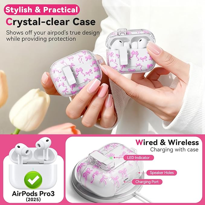for AirPods Pro 3 Case with Secure Lock & Phone Stand, Bow-Print Clear Case for Apple AirPods Pro 3rd Generation 2025 Cover with Cleaner Keychain for Women Girly (Rose Red, Airpods Pro 3 (2025))