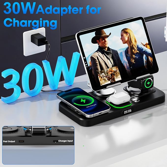6 in 1 Wireless Charger for Apple Device, 30W Foldable Wired Charging for ipad with Clock & 7 Color Ambient Light, Nightstand Charger Station for iPhone 17/16/15/iWatch Series/AirPods 4/Pro 3(Black)