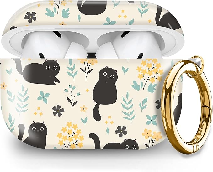 Compatible with Airpod pro 2nd/1st Generation Case Cover with Gold Round Keychain Cute Pattern Hard & Anti Slip Cover for Men Women & Girls(Cute Cat)