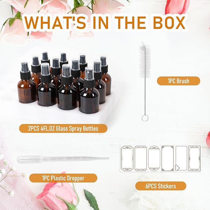 120ml Glass Spray Bottles with Fine Mist Sprayer 2Pack, Small Amber Glass Spray Bottles 4 oz for Perfumes,Cleaning Products,Pet Spray (4fl.oz, Set of 2)