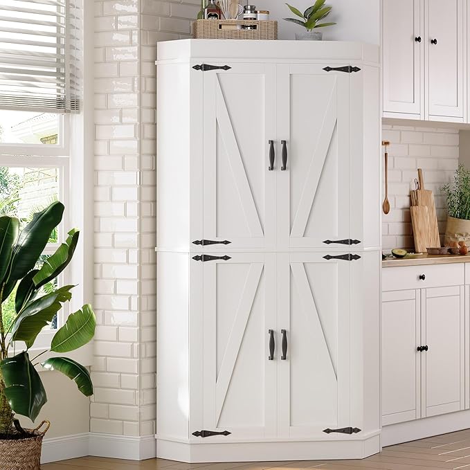 Corner Kitchen Pantry Storage Cabinet with Doors, Kitchen Hutch, 71'' Tall Food Storage Cabinet Furniture for Living Room, Dining Room (White)