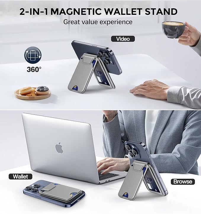 Mag-Safe Wallet - Magnetic Card Holder for iPhone 16/15/14/13/12 Series, Slim Leather Wallet Stand with NFC & RFID Blocking, Lightweight Flap Design, Not Compatible with iPhone 13/12 Mini (Grey)