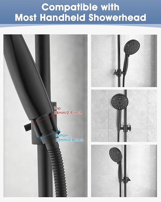 Shower Slide Bar with Adjustable Handheld Shower Head Holder, 25 Inch SUS304 Stainless Steel Shower Rail, Replacement for RV, Camper, Hotel & Bathroom, Polished Matte Black