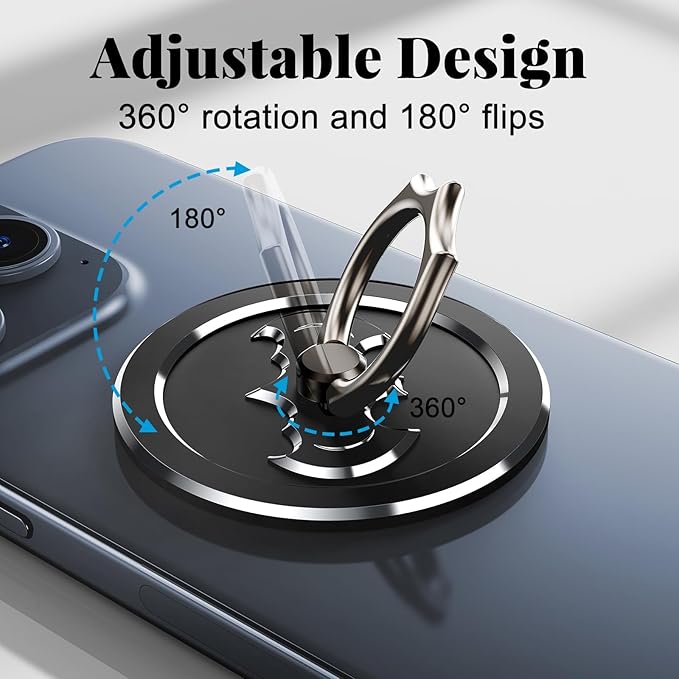 Bat Magnetic Cell Phone Ring Holder, Metal Phone Grip for Magsafe, 360 Degree Rotation Finger Ring Stand, Cell Phone Kickstand for iPhone 16/15/14/13/12/Smartphones (P111 Black)