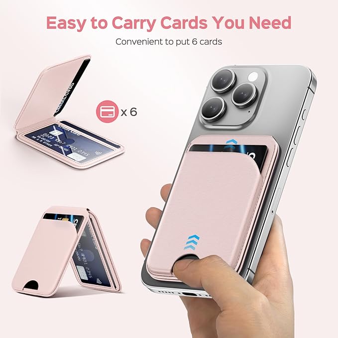 Mag-Safe Wallet for Women Strongest Magnetic Lightweight Phone Wallet Stand Adjustable Leather Card Holder for iPhone 17/16/15/14/13/12 Series, Not for iPhone 13/12 Mini (Pink)