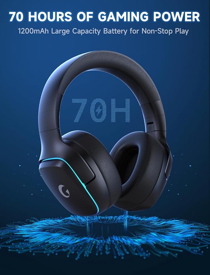 2.4GHz Wireless Gaming Headsets for PS5, PS4, PC, Switch - Bluetooth 5.3 Gaming Headphones with Noise Canceling Mic, 7.1 Surround Sound, 70H Battery, Blue Lighting - Matte Black