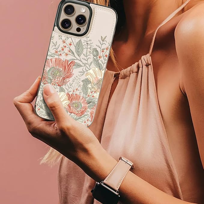 uCOLOR for iPhone 14 Pro Max 6.7" Wallet Case Magsafe with Card Holder Slot【Compatible with MagSafe】 Folio Flip PU Leather Double Magnetic RFID Design (Pink Vintage Flowers)