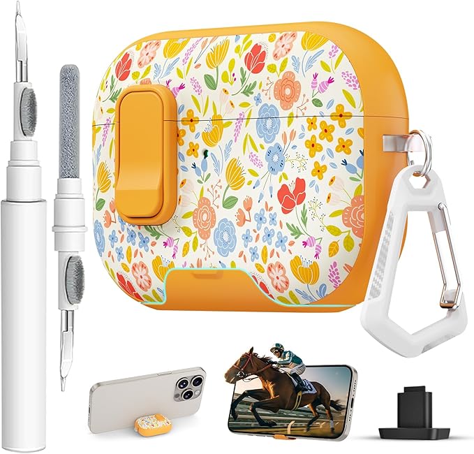 for AirPods Pro 3 Case(2025) with Secure Lock Clip and Phone Stand,Floral Girly Style Protective Cover with Cleaning Kit and Hand Strap for Apple AirPod Pro 3 Generation (Sunshine Petals)