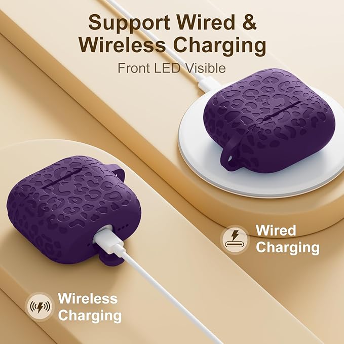 Leopard Engraved for AirPods 4 Case Cover 2024,Soft Silicone Protective Case Compatible with Apple AirPods 4th Generation Case for Women,Cute AirPod 4 Case Accessories with Keychain (Darkpurple)