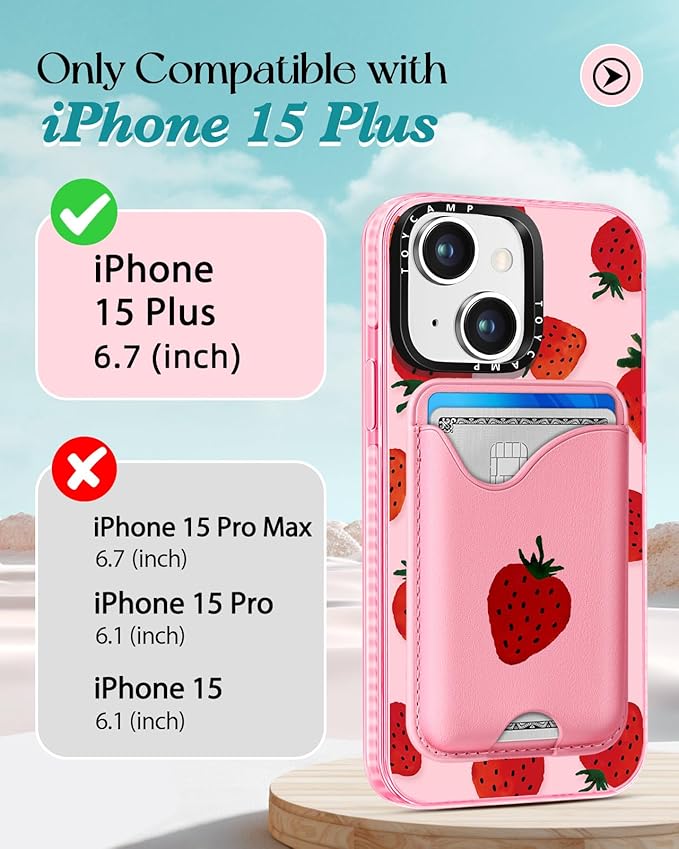 Toycamp for iPhone 15 Plus Case - Compatible with Magsafe Credit Card Holder Wallet Magnetic Cute Women Teen Girls Kawaii Girly Unique Strawberry Design Phone Cover for Apple 15 Plus 6.7"