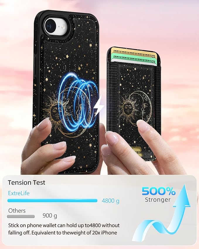 Shorogyt for iPhone 17e/16e Wallet Case - Fits 5 Cards, Compatible with Magsafe Detachable Magnetic Credit Card Holder Leather Cardholder Cute Phone Cover Women Girls for Apple 17e/16e, Sun Moon