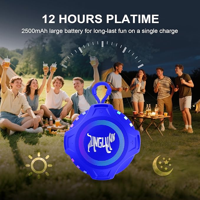 Wireless Bluetooth Speaker, Blue Tooth Portable Speaker with IPX6 Waterproof, 2500mAh Battery, TWS Pairing, RGB Light, Built in Mic, Support TF Card, USB, Unisex Gifts for Bathroom Party Home - Blue
