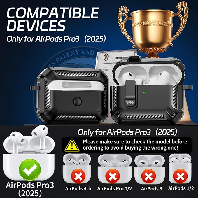 for AirPods Pro 3 Case (2025 New), Secure Lock Cases Cover with Cleaning Kit & Keychain Compatible with Airpods Pro 3rd Generation Case for Men Women, Powerful Drop Protection