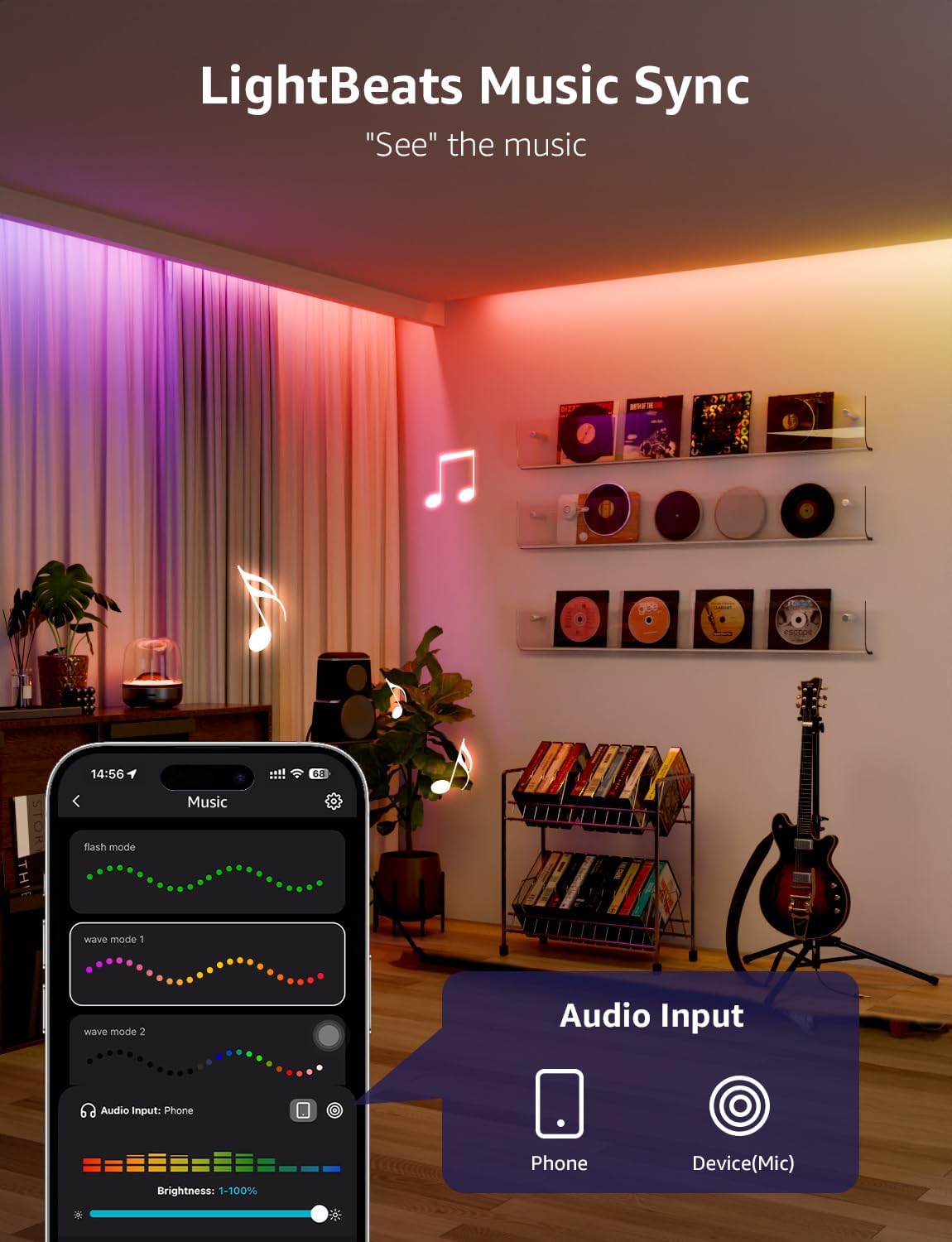 AI Smart LED Strip Lights 16.4ft RGBCW WiFi and Bluetooth App Control Color Segment DIY Personalized Lighting
