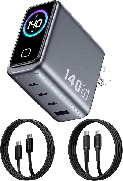 USB C Charger Block 140W Smart Display Touch Control Charging Block Foldable Compact Wall Plug 4 Port PD PPS GaN Charger with 2 Pcs 5Ft Cable for MacBook iPad iPhone 17/16/15 Series Tablet Laptop
