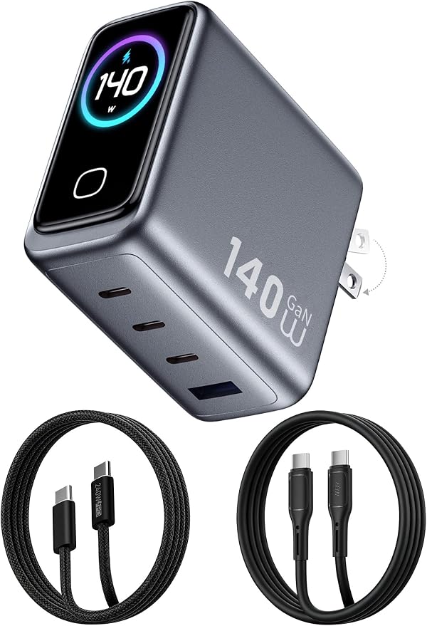 USB C Charger Block 140W Smart Display Touch Control Charging Block Foldable Compact Wall Plug 4 Port PD PPS GaN Charger with 2 Pcs 5Ft Cable for MacBook iPad iPhone 17/16/15 Series Tablet Laptop