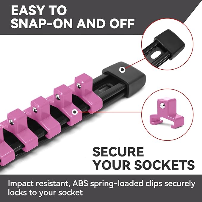 ALOANES 12PC ABS Socket Organizer, Socket Rails Fit 1/2 inch, 3/8 inch and 1/4 inch Drive Hold up to 172 Sockets, Heavy Duty Socket Holders, Black Rails with Pink Clips