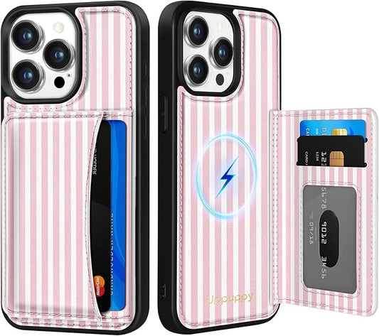 for iPhone 14 Pro Case with Wallet - Fits 4 Card Slots, Compatible with MagSafe for Women Aesthetic Durable PU Leather Credit Card Holder Kickstand Phone Cover for Apple 14 Pro, Stripe