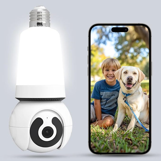 Security Camera, 2K/3MP Outdoor Camera 2.4G Hz E27 Camera for Home Security, 24/7 Recording, Motion Detection and Alarm (A)