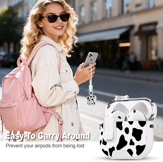 for AirPods 4 Case with Secure Lock Clip in Phone Stand,Floral Girly Style Protective Cover with Cleaning Kit and Hand Strap for Apple AirPod 4 Generation (White Cow)