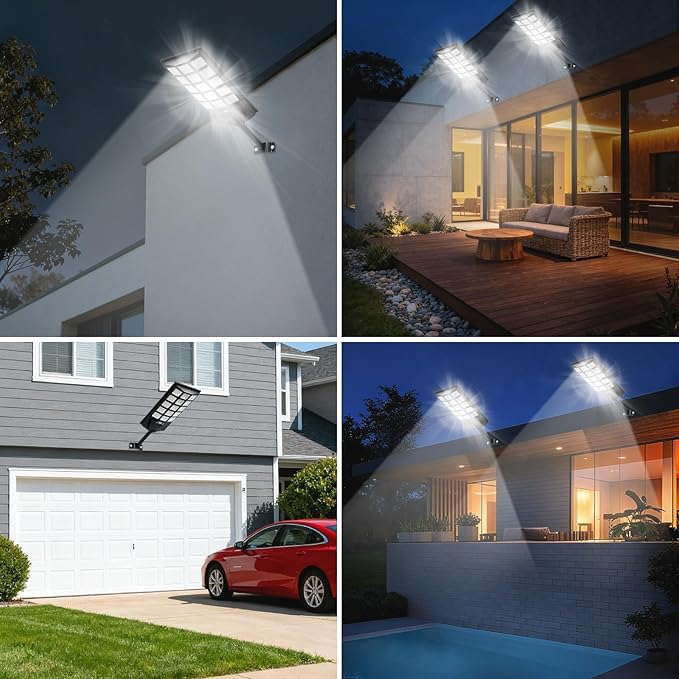 Jercoda Solar Street Lights Outdoor 4 Pack, 6500K LED Flood Lights with Motion Sensor, Dusk to Dawn Security Lights with Remote Control, Waterproof Solar Powered Lighting for Garden Yard Parking Lot